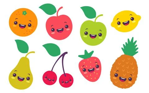 Vector set flat illustration of a fruits in kawaii style. Иллюстрация