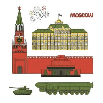 Vector set flat illustrations of historical attractions of Moscow, Russia Stock-Illustration