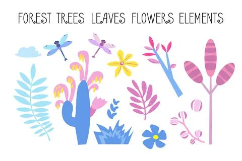 Vector set of flat illustrations. Plants, trees, leaves, flowers, elements of Illustrazione stock