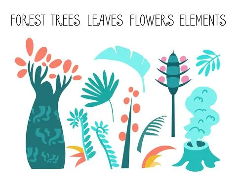 Vector set of flat illustrations. Plants, trees, leaves, flowers, elements of Illustrazione stock
