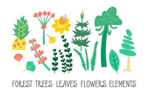 Vector set of flat illustrations. Plants, trees, leaves, flowers, elements of Stockillustratie