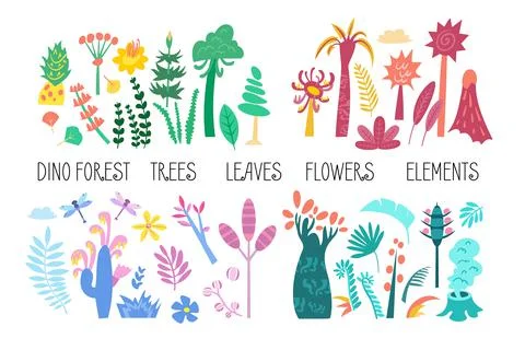 Vector set of flat illustrations. Plants, trees, leaves, flowers, elements of イラスト素材
