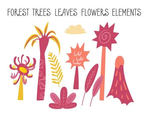 Vector set of flat illustrations. Plants, trees, leaves, flowers, elements of Stock Illustration