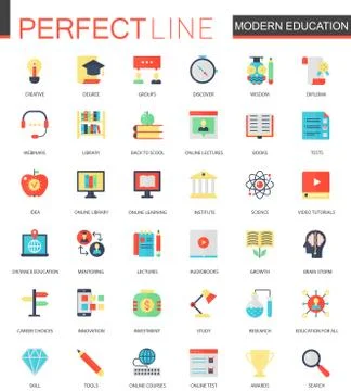 Vector set of flat Modern education e-learning icons. Illustrazione stock