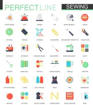 Vector set of flat needlework and sewing equipment icons. Stock Illustration