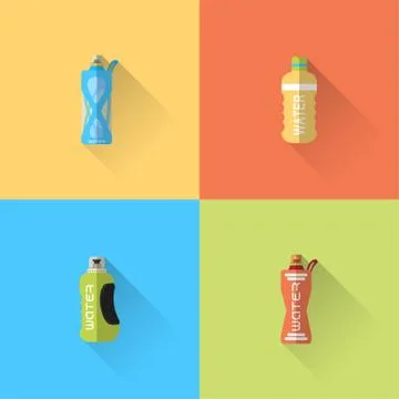 Vector set of flat sport bottles with long shadow on the color background. Stock Illustration