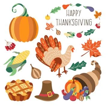 Vector set of flat thanksgiving symbols isolated Stock Illustration