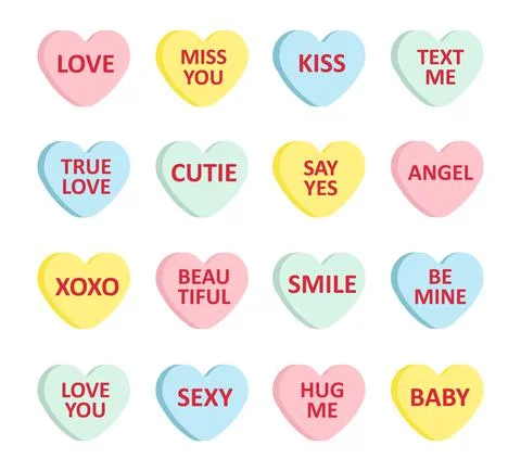 Vector set of flat Valentine candy with love text Stock Illustration
