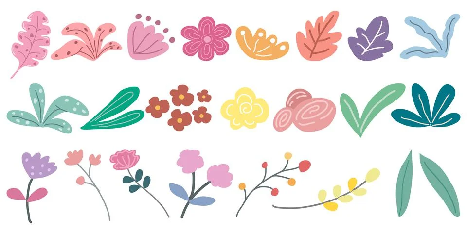 Vector set floral and leaf elements designed in pastel tones, doodle style Illustrazione stock