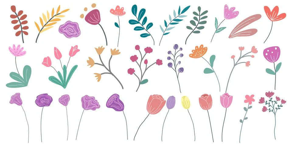 Vector set floral and leaf elements designed in pastel tones, doodle style イラスト素材