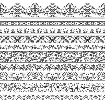 Vector set of floral elements for ethnic decor. Seamless patterns for frames Stock Illustration