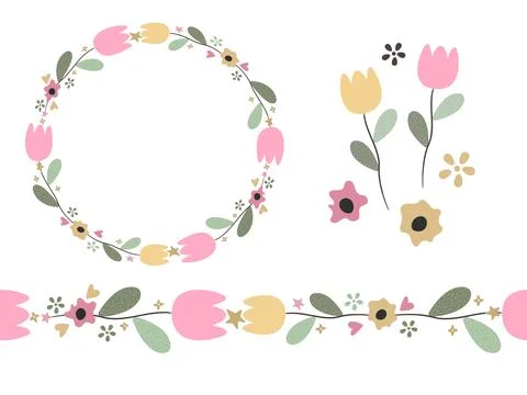Vector set of floral elements, flower brush, wreath, tulips in hand drawn style. Stock Illustration
