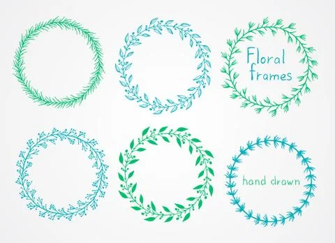 Vector set of floral hand drawn round frames. Stock Illustration