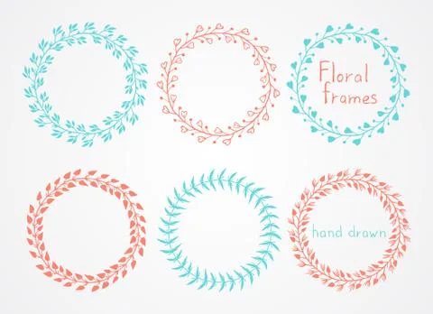 Vector set of floral hand drawn round frames. Stock Illustration