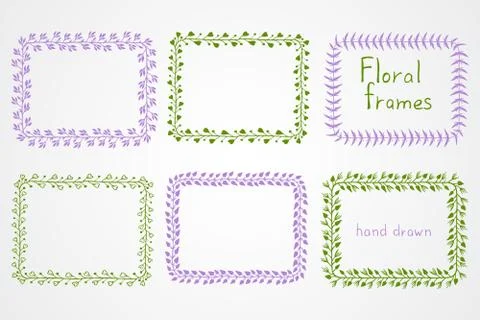 Vector set of floral hand drawn rectangular frames. Illustrazione stock