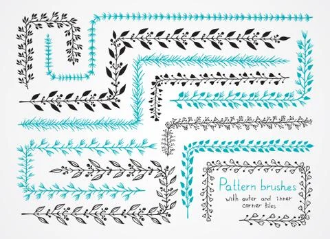 Vector set of floral hand drawn pattern brushes with outer and inner corner t Stock Illustration