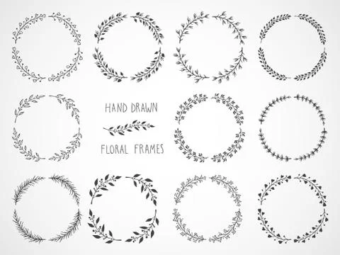 Vector set of floral hand drawn round frames. Stock Illustration