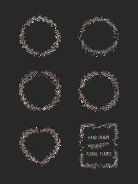 Vector set of floral hand drawn frame on black background. Stock Illustration