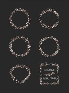 Vector set of floral hand drawn frame on black background. Stock Illustration