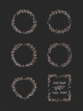 Vector set of floral hand drawn frame on black background. Stock Illustration