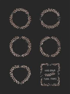 Vector set of floral hand drawn frame on black background. Stock Illustration