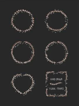 Vector set of floral hand drawn frame on black background. Stock Illustration