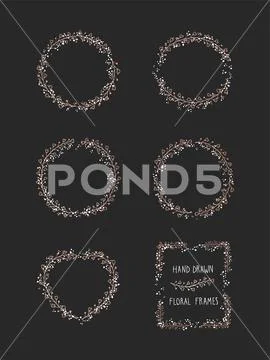 Vector set of floral hand drawn frame on black background. Illustration ...