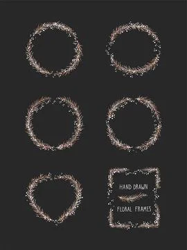 Vector set of floral hand drawn frame on black background. Stock Illustration