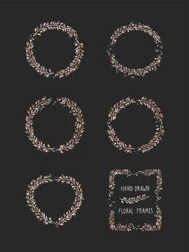 Vector set of floral hand drawn frame on black background. Stock Illustration