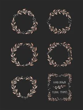 Vector set of floral hand drawn frame on black background. Stock Illustration