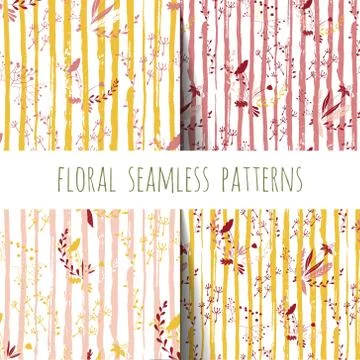 Vector set of floral seamless pattern. Ink lines and colorful flowers. Illustrazione stock