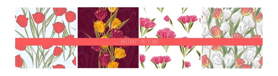 Vector set of floral seamless patterns with pink yellow tulips.Hand drawn flo Stock Illustration
