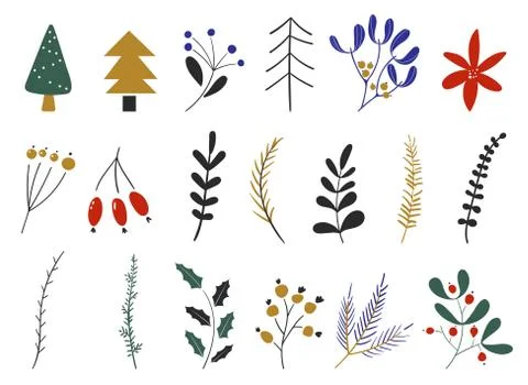 Vector set of flowers and leaves, christmas plants. Hand drawn design elements Stock Illustration