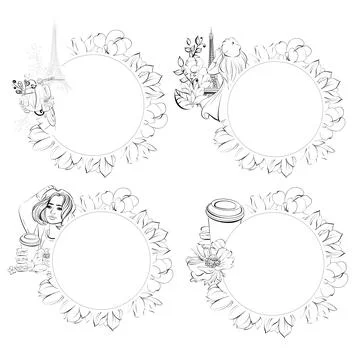 Vector set flowers circle frame, template of Eiffel Tower, bakery. Magnolia イラスト素材