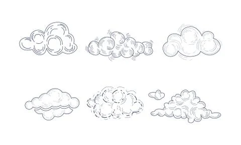 Vector set of fluffy clouds in sketch style. Monochrome hand drawn icons Stock Illustration