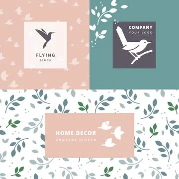 Vector set of flying birds sign. Dark silhouettes isolated and seamless pattern. Stock Illustration