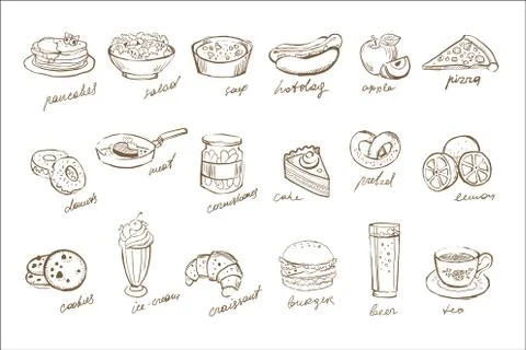 Vector set of food and drinks elements with inscriptions. Doodle icons. Desserts Illustrazione stock