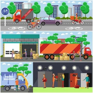 Vector set of food delivery posters, banners in flat style Ilustración de archivo