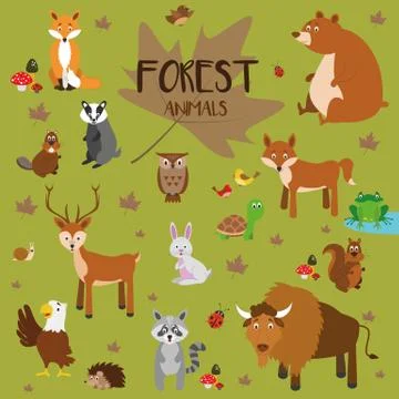 Vector set Forest animals. Fox, bear, squirrel, deer, rabbit, turtle, wolf, beav Stock Illustration