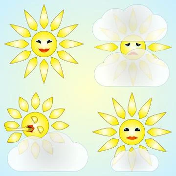Vector set of four abstract weather icons with sun and clouds Stock Illustration
