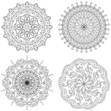 Vector set of four decorative elements mandala in black and white. Stock Illustration