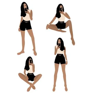 Vector set of four girls in different poses taking selfies on a mobile phone 스톡 일러스트