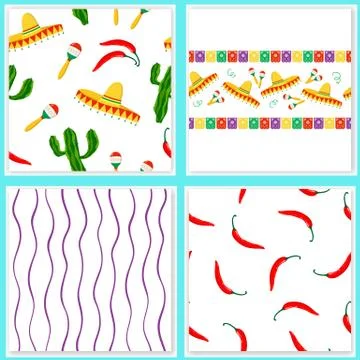Vector set of four Mexican traditional seamless pattern for holidays. Illustrazione stock