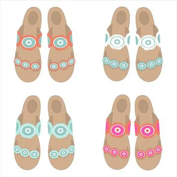 Vector set of four pairs of beach flip flops in mint and pink tones Stock Illustration