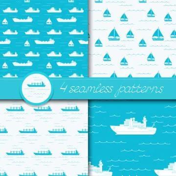 Vector set of four seamless patterns with ships: bulk carrier, dry cargo ship Stock Illustration