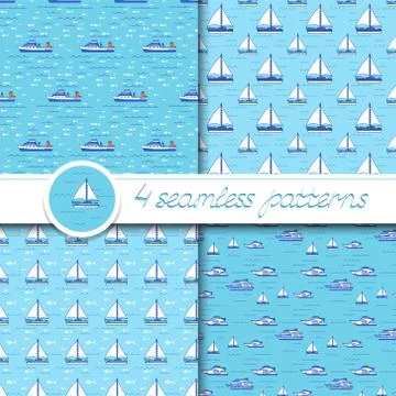 Vector set of four seamless patterns with ships: bulk carrier, yacht, sailboa Stock Illustration
