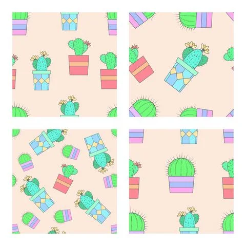 Vector set of four seamless patterns with cacti. Stock Illustration