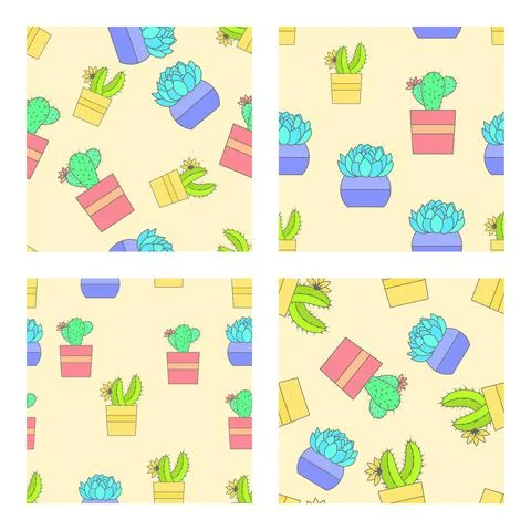 Vector set of four seamless patterns with cacti. Stock Illustration