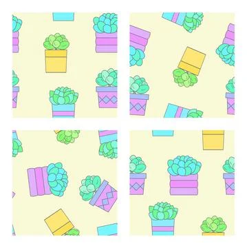Vector set of four seamless patterns with succulents. Stock Illustration