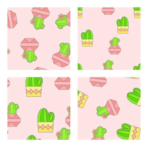 Vector set of four seamless patterns with cacti. Stock Illustration